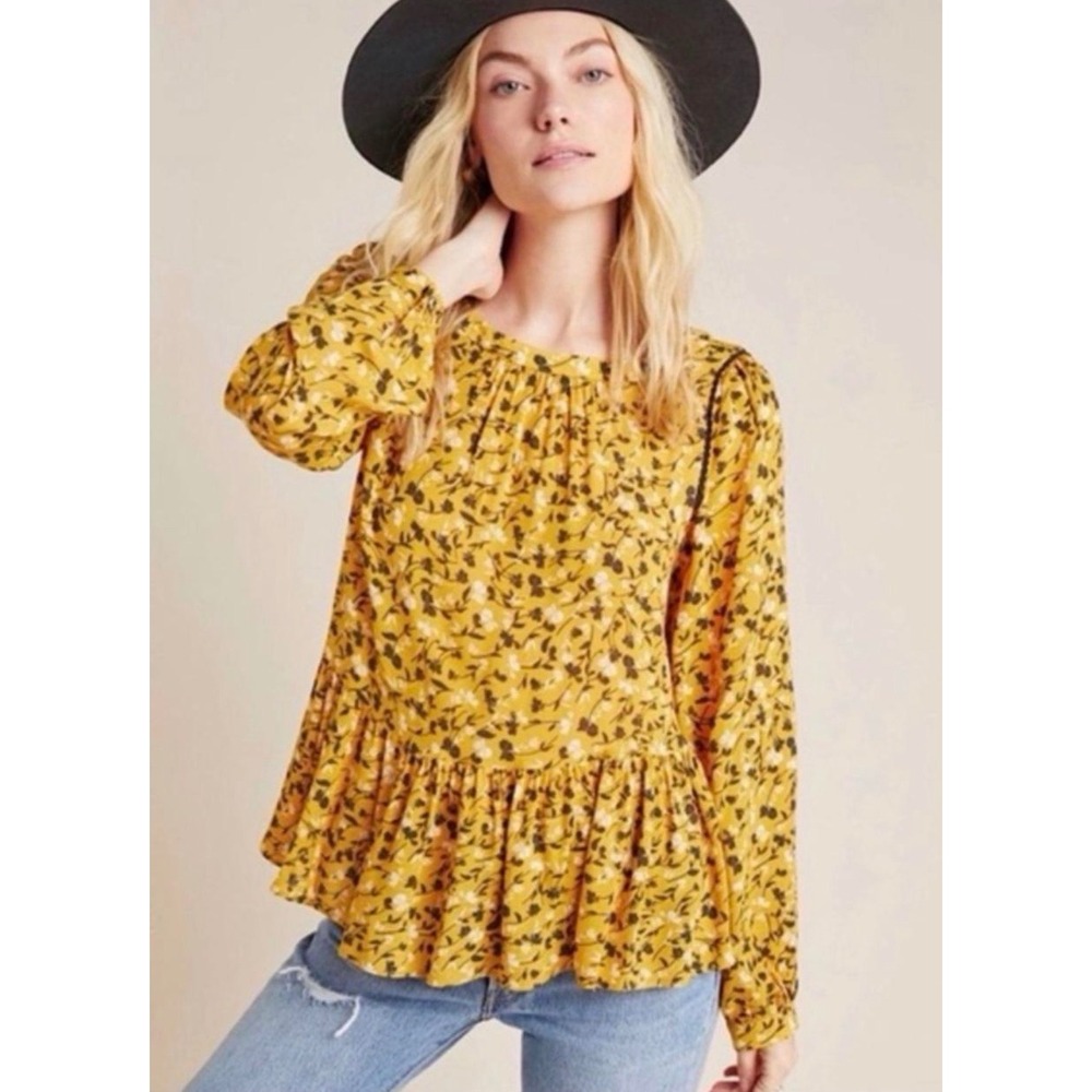Maeve Anthropologie Plus Floral Cottage Blouse 1X Yellow Ruffle Peasant Boho